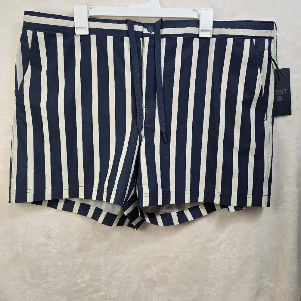 Vrst Striped resort swim shorts with navy and white vertical stripes NWT *FLAW*